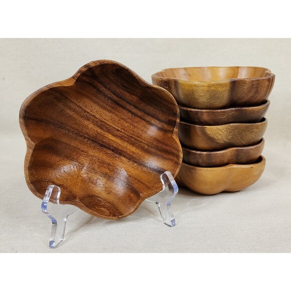 Vintage Monkey Pod Flower-Shaped Salad Bowl Set (Large + 6 Small Bowls) —1970s - Picture 10 of 16